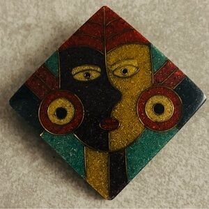 Vintage Picasso Face Brooch Made in Philippines Ground Stone Inlay